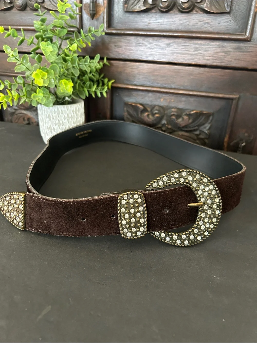 Jennifer Behr Brown Suede Belt with Crystal-Encrusted Buckle